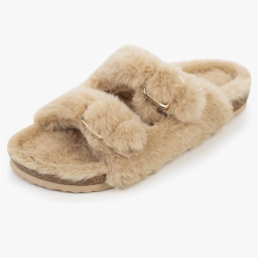 NEW ~ FITORY Women’s Tan/Beige Faux Rabbit Fur Cork Slide Sandals ~ size 8.5 - Picture 3 of 8